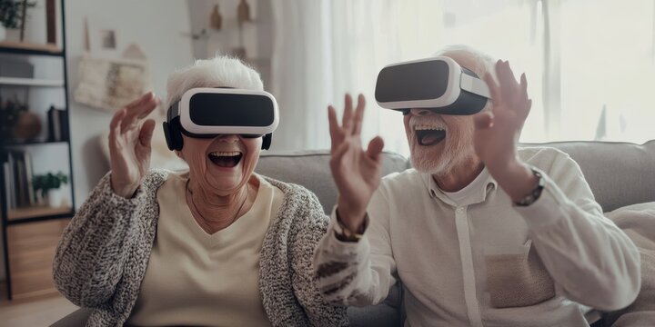 An elderly couple using virtual reality headsets at home, laughing as they explore a digital world together - Powered by Adobe