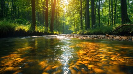 Obraz premium A Calm River Flowing Through a Sun-Dappled Forest