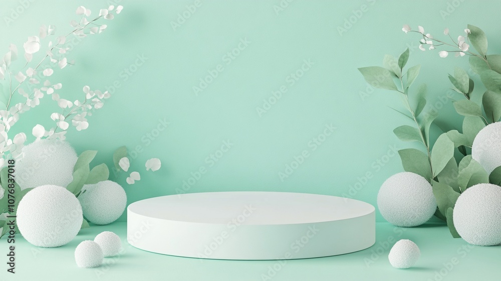 Poster minimalist product display podium in soft mint green setting with white spheres and delicate floral 