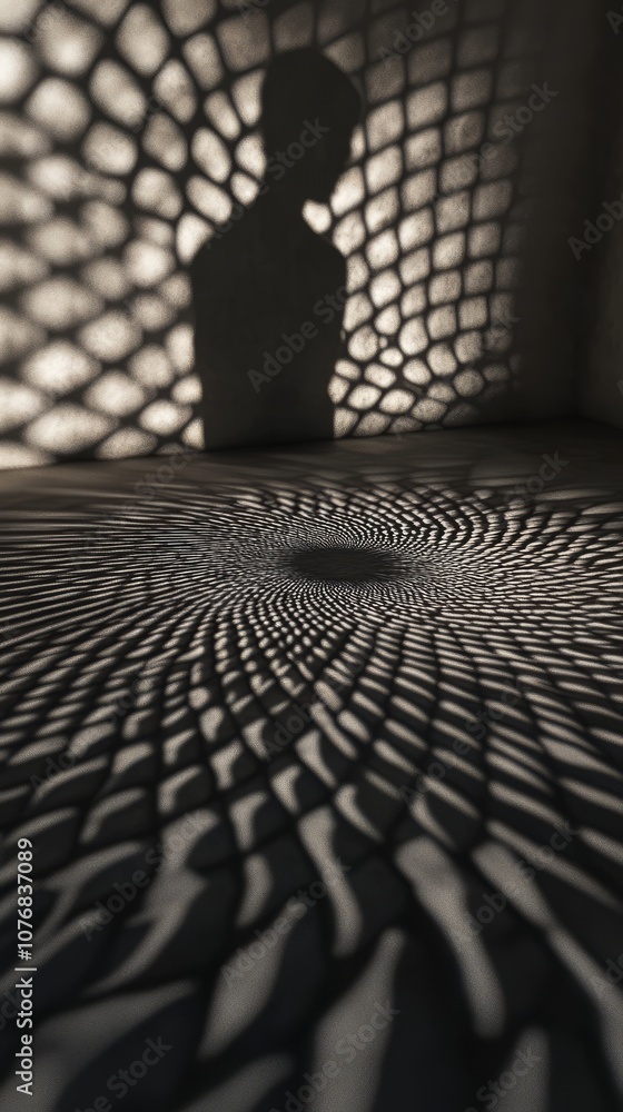 Poster abstract shadow pattern with silhouette in geometric light display