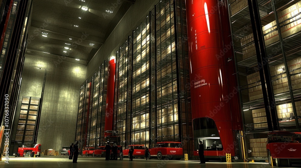 Poster modern automated warehouse with red automated storage and retrieval systems (asrs).