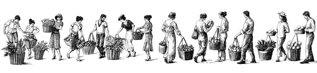 Shoppers choosing goods in retail stores set. People making different purchases, clothes, food. Flat graphic modern illustrations isolated on white.