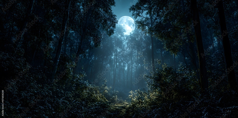 Poster a serene moonlit forest scene with soft light filtering through trees.