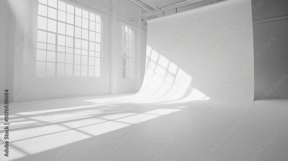 Poster minimalist white studio space bathed in soft natural light streaming through large windows, creating