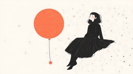 Elegant Girl in Black Attire Sitting Besides a Large Orange Balloon with Stars in a Dreamy Atmosphere of Soft Sparkles and Magical Essence
