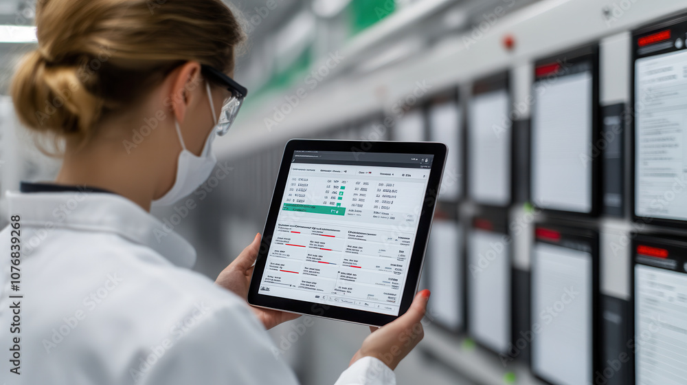 Poster worker in lab coat and safety glasses using tablet in industrial environment, monitoring data on con