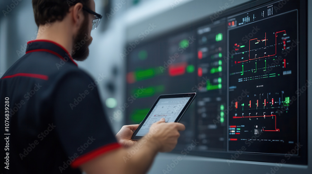 Poster worker using tablet in industrial plant, monitoring control systems and data displays. environment i