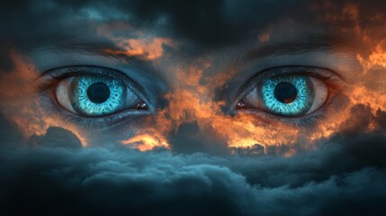 Naklejka premium Surreal Image of Blue Eyes Emerging from Dramatic Clouds