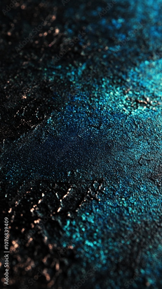 Poster mesmerizing macro shot of shimmering turquoise glitter particles scattered on a dark surface, creati