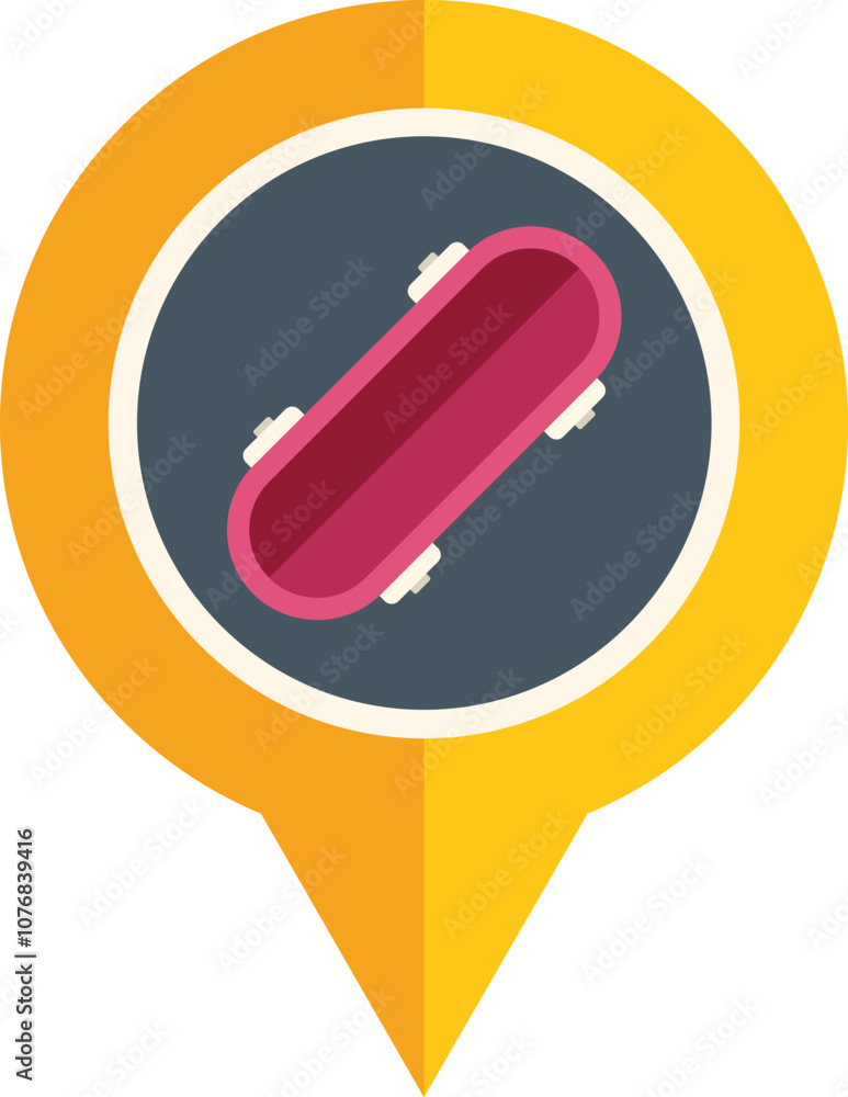 Poster yellow map pin pointing the location for skateboarding with a skateboard icon