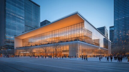 Obraz premium Modern glass building with people walking by on a snowy day.