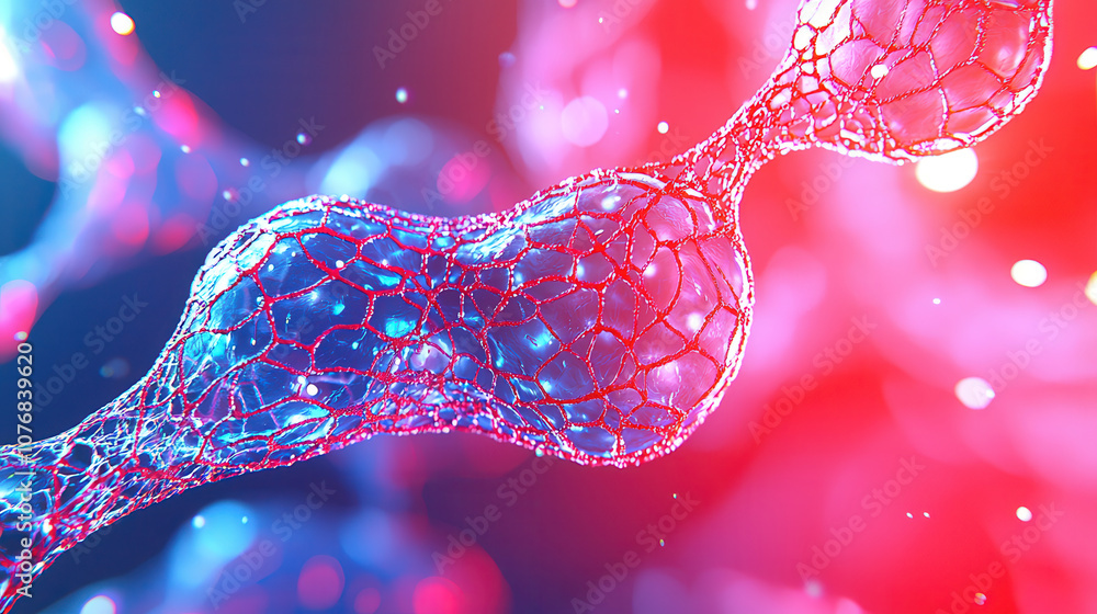 Poster close up view of cellular structures in deep blue and red hues, showcasing intricate details and vib
