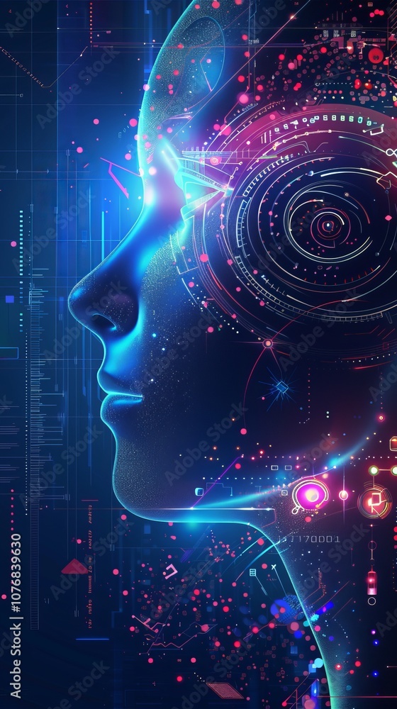 Poster a computer generated image of a face with a pair of headphones
