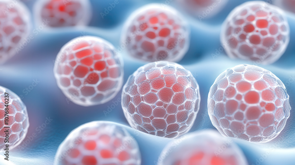 Poster microscopic image of spherical cells in deep blues and reds, showcasing intricate details and textur