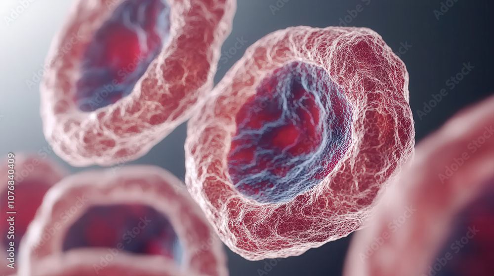 Poster detailed view of cellular structures showcasing deep blues and reds, illustrating intricate design o