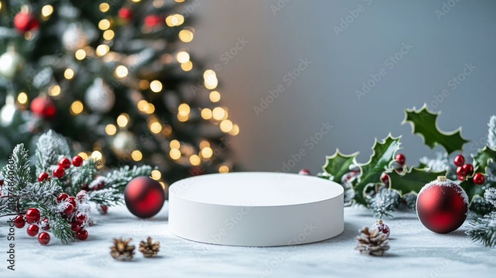 Poster a white circular pedestal sits on a light gray surface. to the left and right of the pedestal are sp