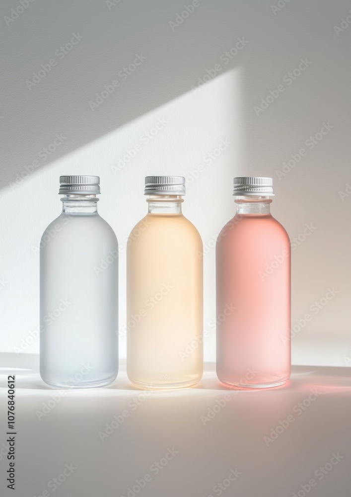 Poster three bottles of different colored liquids are lined up on a white background