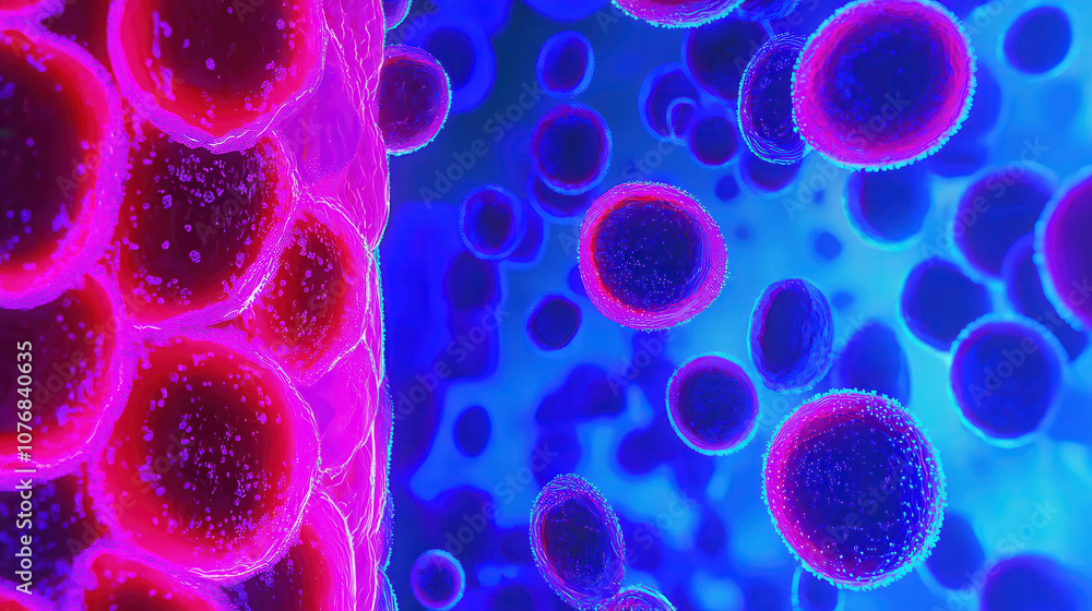 Aufkleber microscopic view of vibrant cells in deep blues and pinks, showcasing intricate details and textures