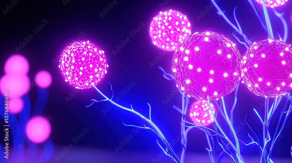 Poster microscopic cells glowing in deep blues and vibrant pinks, showcasing intricate details and luminous