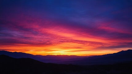 Fototapeta premium A stunning sunset sky filled with vibrant orange and red hues, transitioning into softer purple tones as it meets the horizon. Silhouettes of distant mountains create a peaceful landscape,