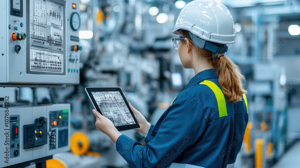 Poster factory worker using tablet to monitor production processes in industrial setting. worker is focused
