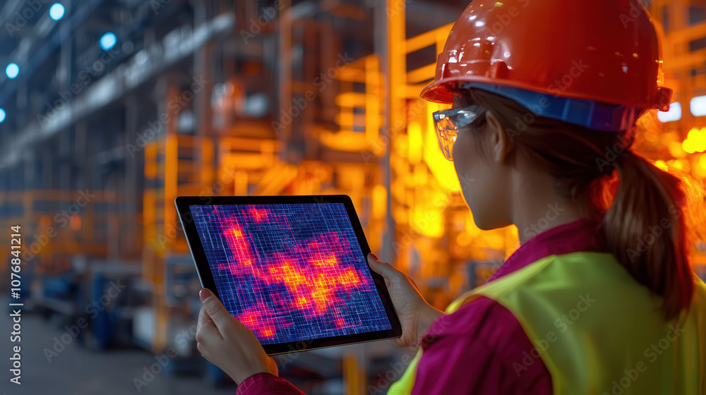 Poster factory worker using tablet to monitor production data in vibrant industrial setting. worker is focu