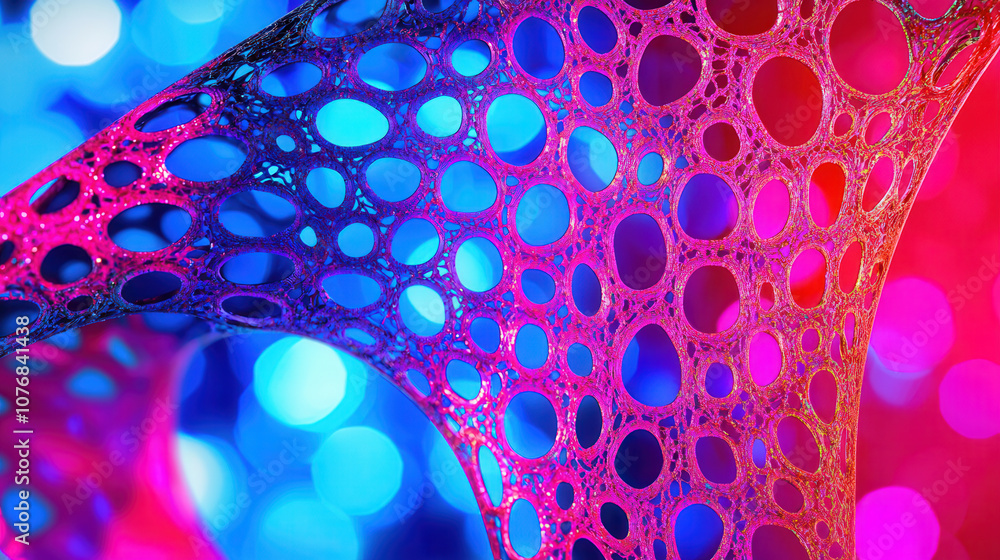 Poster high definition cellular structure with vibrant deep blues and reds, showcasing intricate patterns a