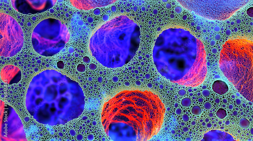 Poster high definition cellular structure view showcasing deep blues and vibrant colors, highlighting intri