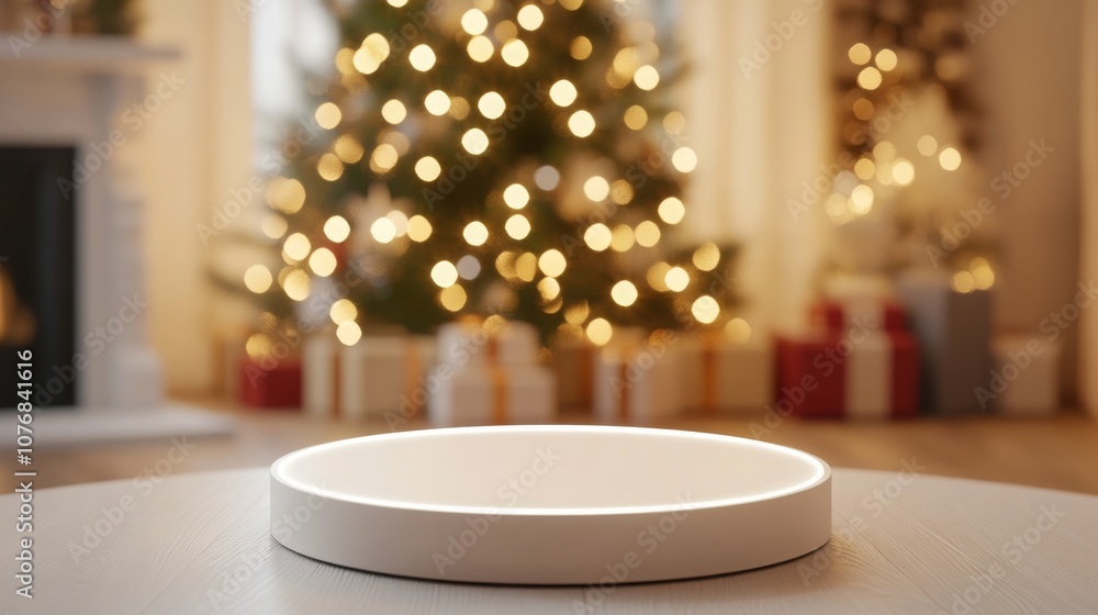 Poster a circular table with a soft glow sits in a warmly decorated living room, adorned with a christmas t