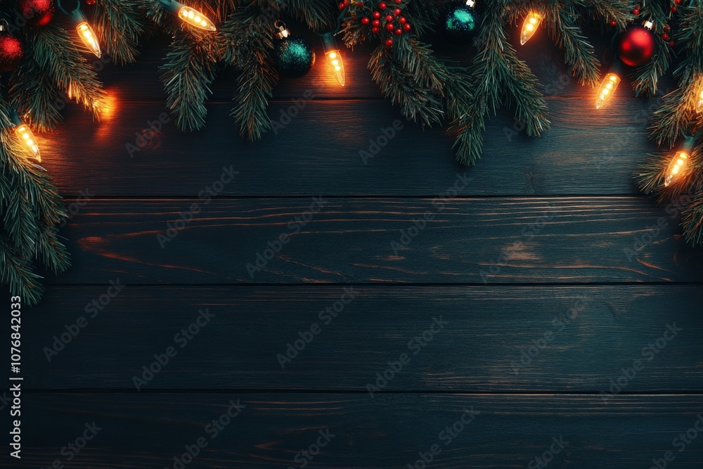 Wall mural Festive christmas garland with lights and pine branches on dark wooden background