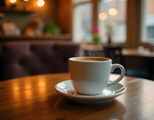 Obraz premium A steaming hot cup of coffee on a wooden table in a cozy cafe setting, with warm lighting and blurred background