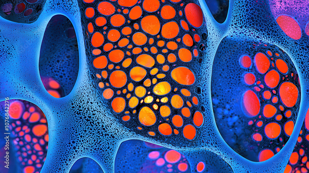 Poster hyper realistic cellular close up with deep blue and vibrant orange patterns, showcasing intricate t