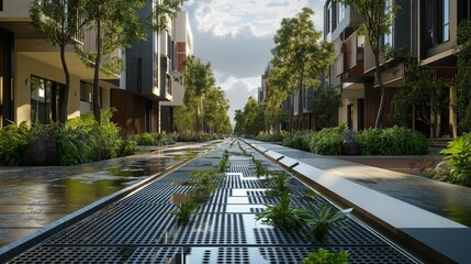 A futuristic urban development with permeable pavements that allow rainwater to seep into the ground, reducing runoff and replenishing groundwater. 