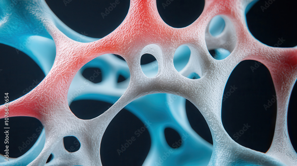 Poster hyper realistic close up of vibrant blue and red cells with intricate textures, showcasing unique st