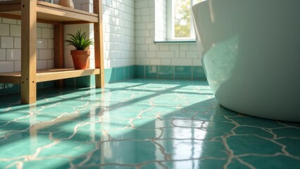 Bohemian bathroom accents. Sunlit bathroom with a white freestanding tub, teal floor tiles, wooden shelves, and potted plants adding warmth and style.