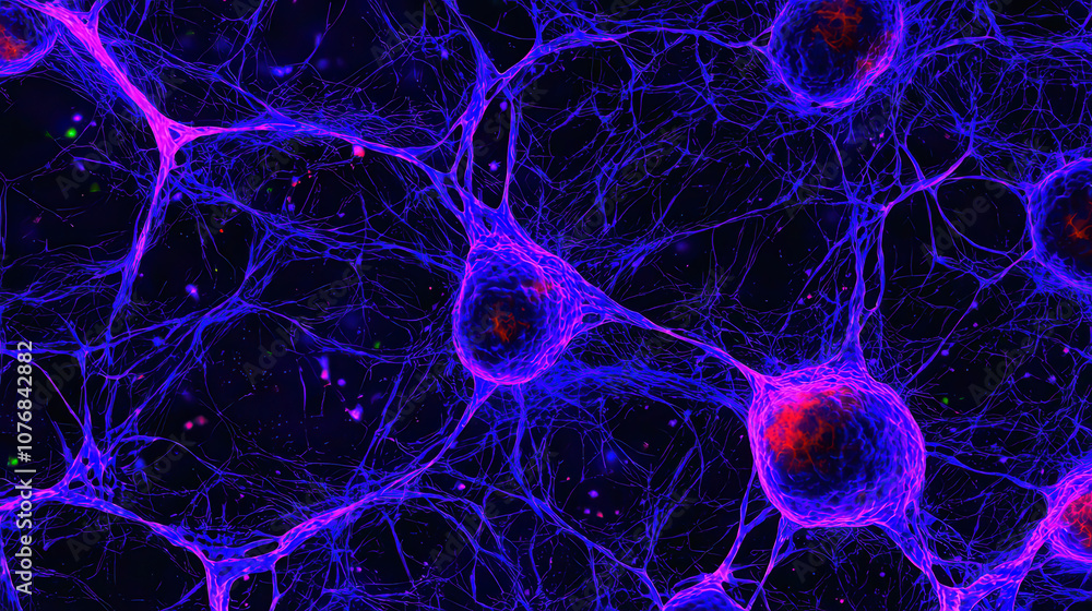 Poster hyper realistic microscopic image of deep blue and purple neurons, showcasing intricate neural netwo