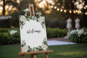 A blank white welcome sign mockup, size is 24 by 36 inches in portrait orientation, on an easel during a wedding party