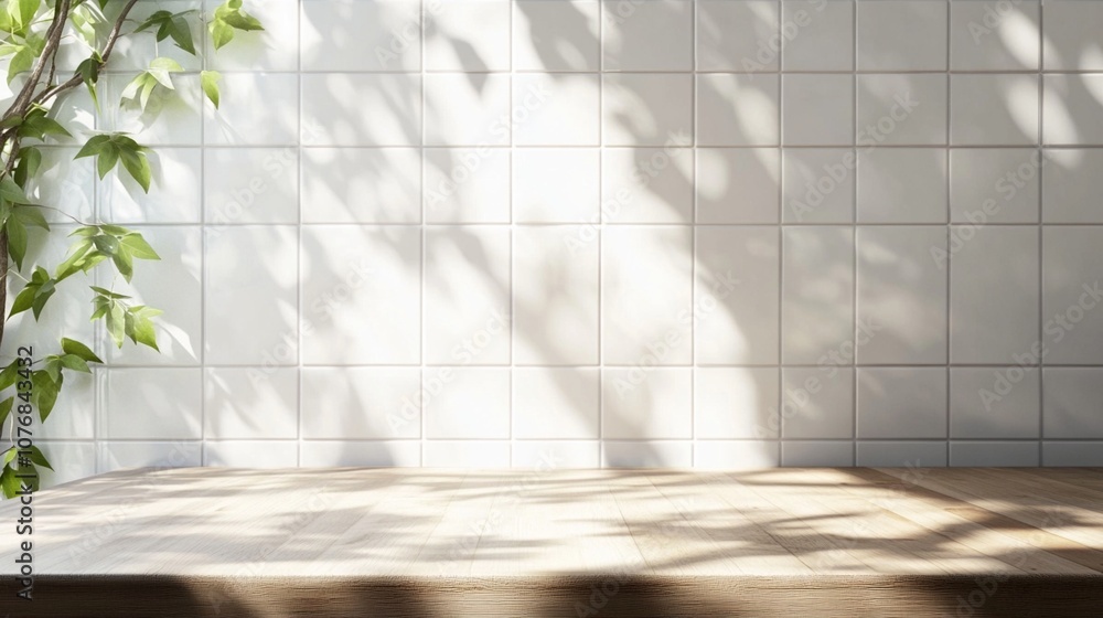 Poster sunlight casts delicate leaf shadows on pristine white tiled wall, creating a serene interplay of na