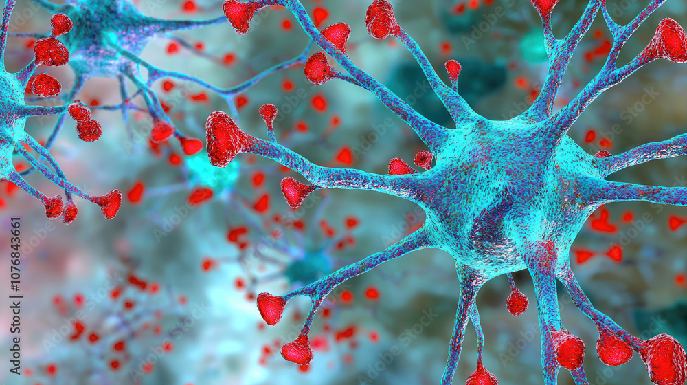 Poster intricate cellular view featuring vivid blues and reds, showcasing detailed structures of neurons an