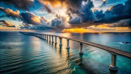 Obraz premium Stunning Aerial View of a Beautiful Bridge Overlooking the Ocean with Dramatic Cloudy Sky, Perfect for Travel and Nature Photography Enthusiasts