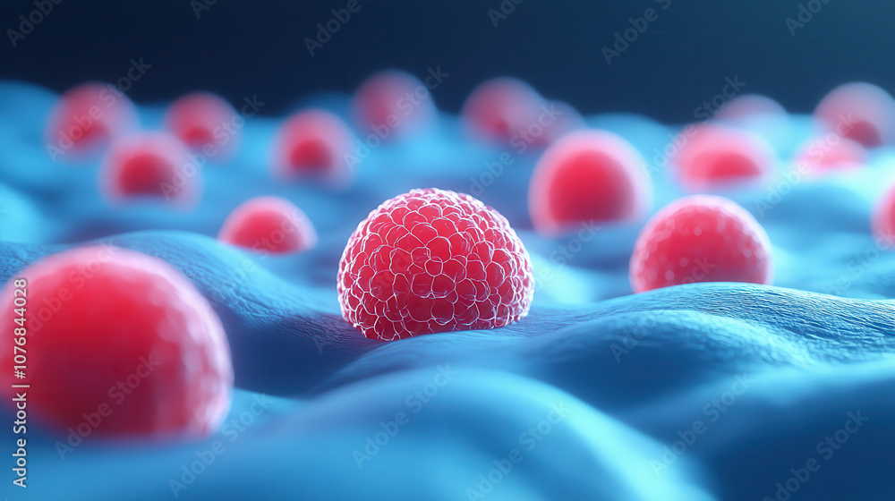 Poster microscopic image of red cells on blue surface, showcasing intricate details and textures. this hype