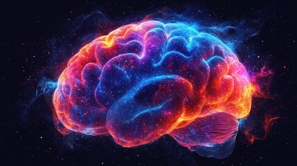 Obraz premium A vibrant, cosmic representation of a human brain.