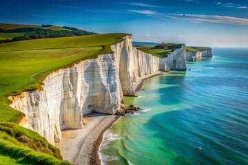 Stunning Architectural Photography of the Iconic Chalk Cliffs at Seven Sisters, Capturing Dramatic Coastal Landscapes with Lush Greenery and Serene Blue Waters