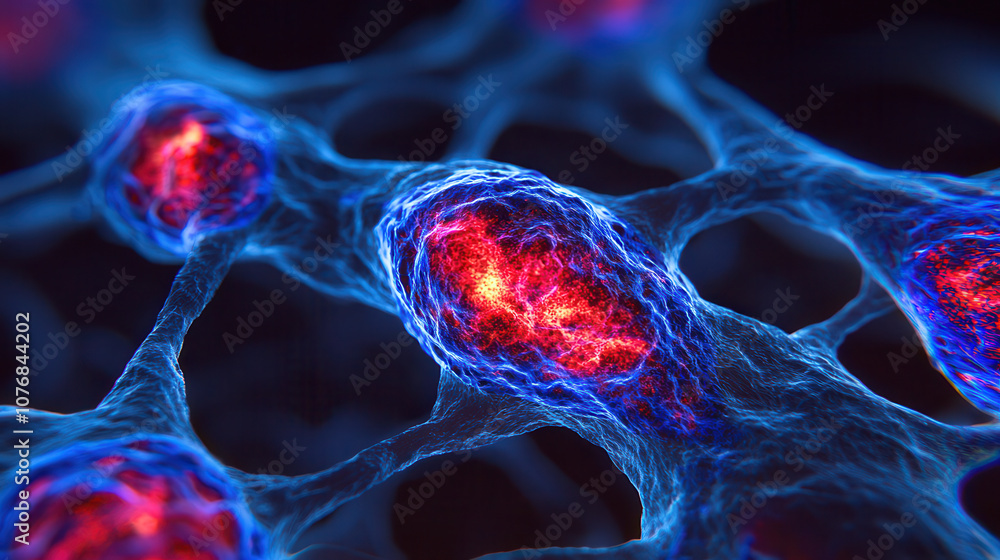 Poster microscopic image of vibrant cells with deep blues and fiery reds, showcasing intricate cellular str