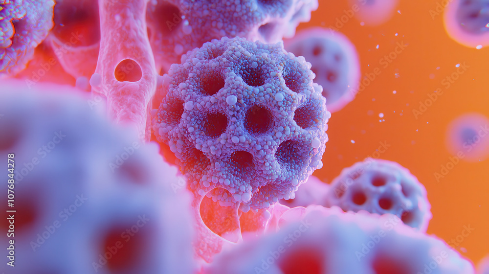 Poster hyper realistic microscopic view of colorful cells with intricate details, showcasing vibrant hues a