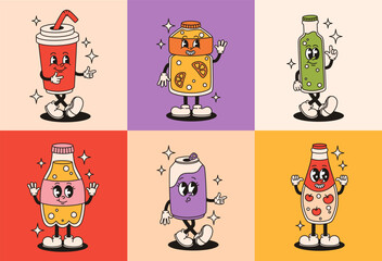 Obraz premium Set of cheerful groovy characters with soda drinks. Flat vector illustration.