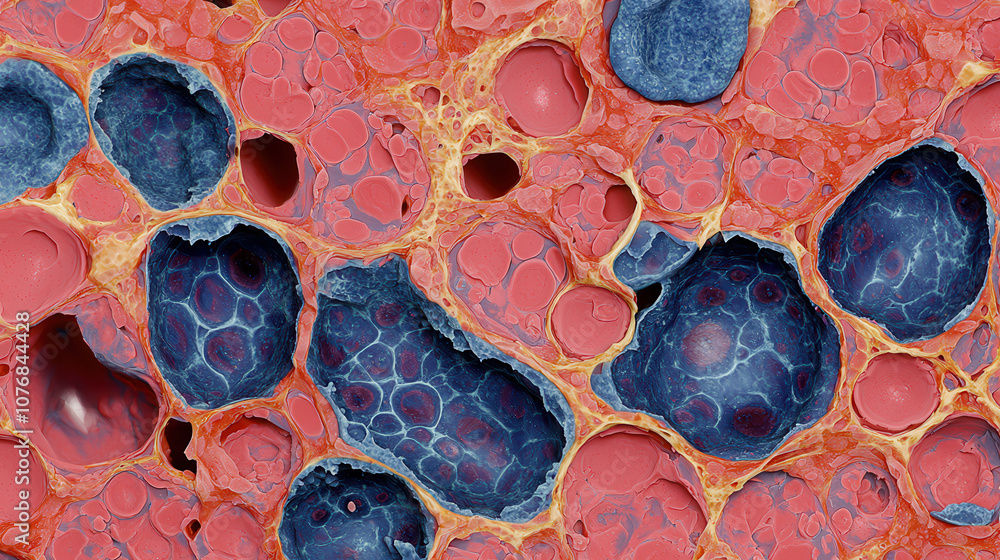 Poster microscopic view showcasing deep blue and fiery red hues, revealing intricate cellular structures an