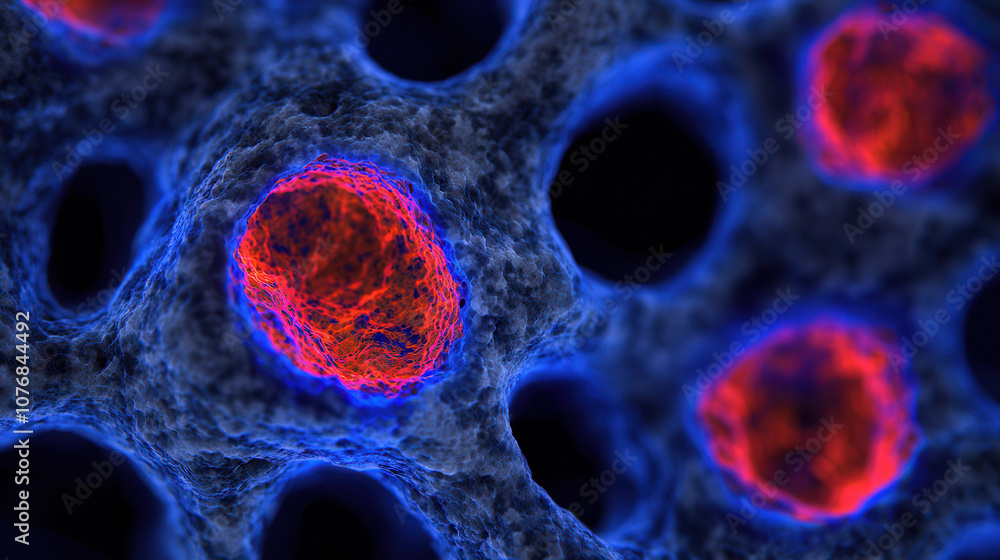 Poster microscopic view of cells with deep blue and fiery red hues, showcasing intricate structures and vib