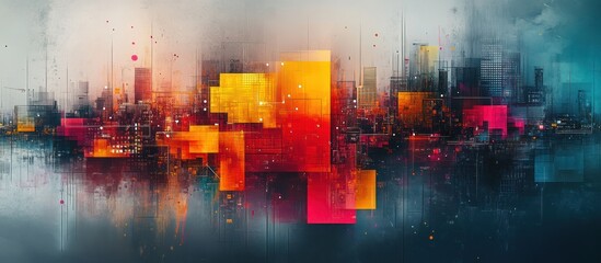 Fototapeta premium Abstract cityscape with geometric shapes and fog in vibrant colors.