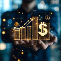 A businesepeople  in a suit holds a holographic graph with bars and a trend line, symbolizing business analytics,
